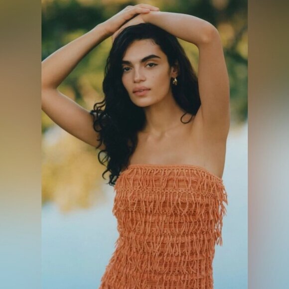 anthropologie orange strapless dress By Anthropologie Strapless Textured Knit Slip Midi Dress